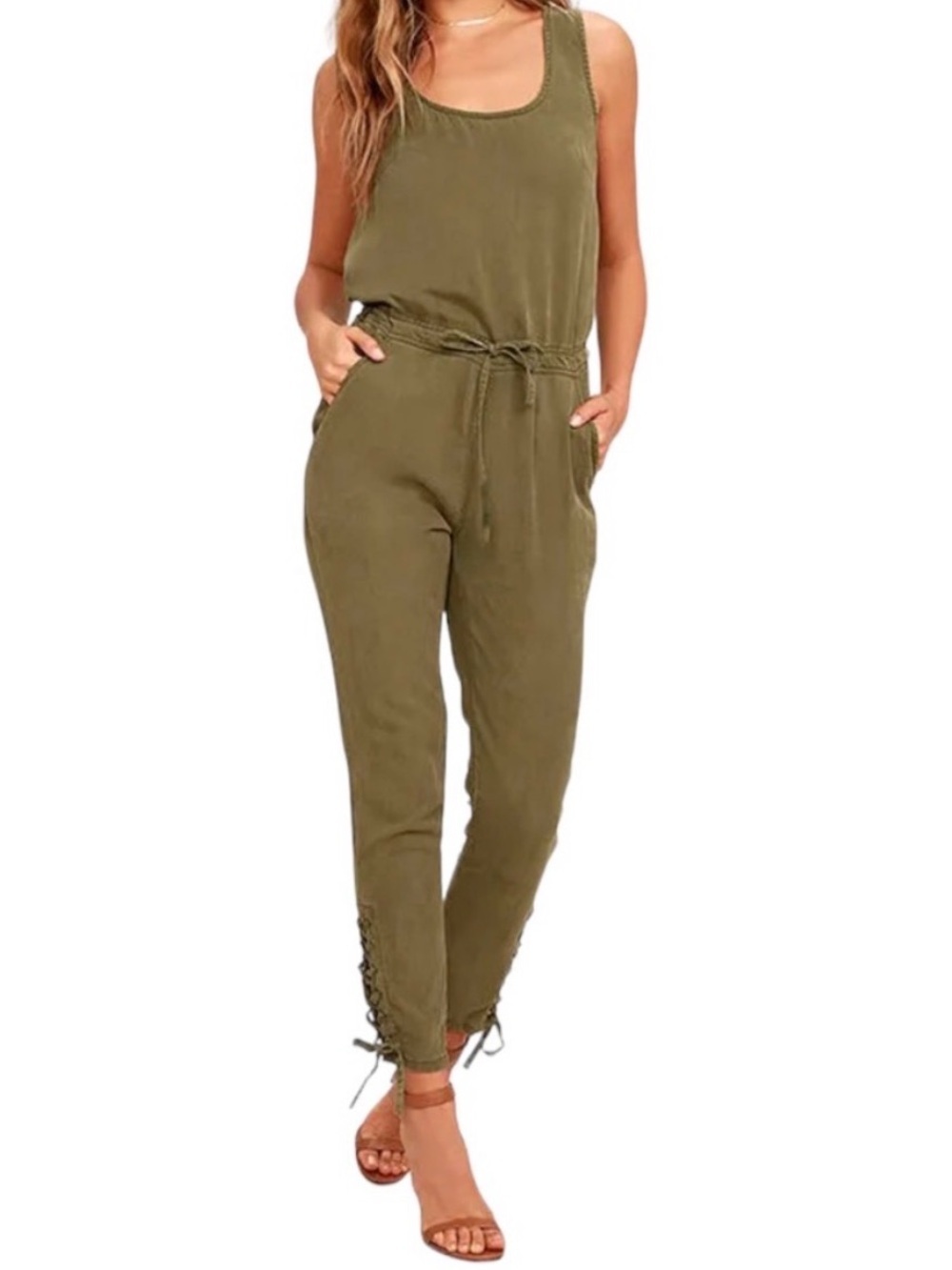 Pistola Ysabel Olive Green Tencel Jumpsuit XS Cropped Utility Lace Up Army